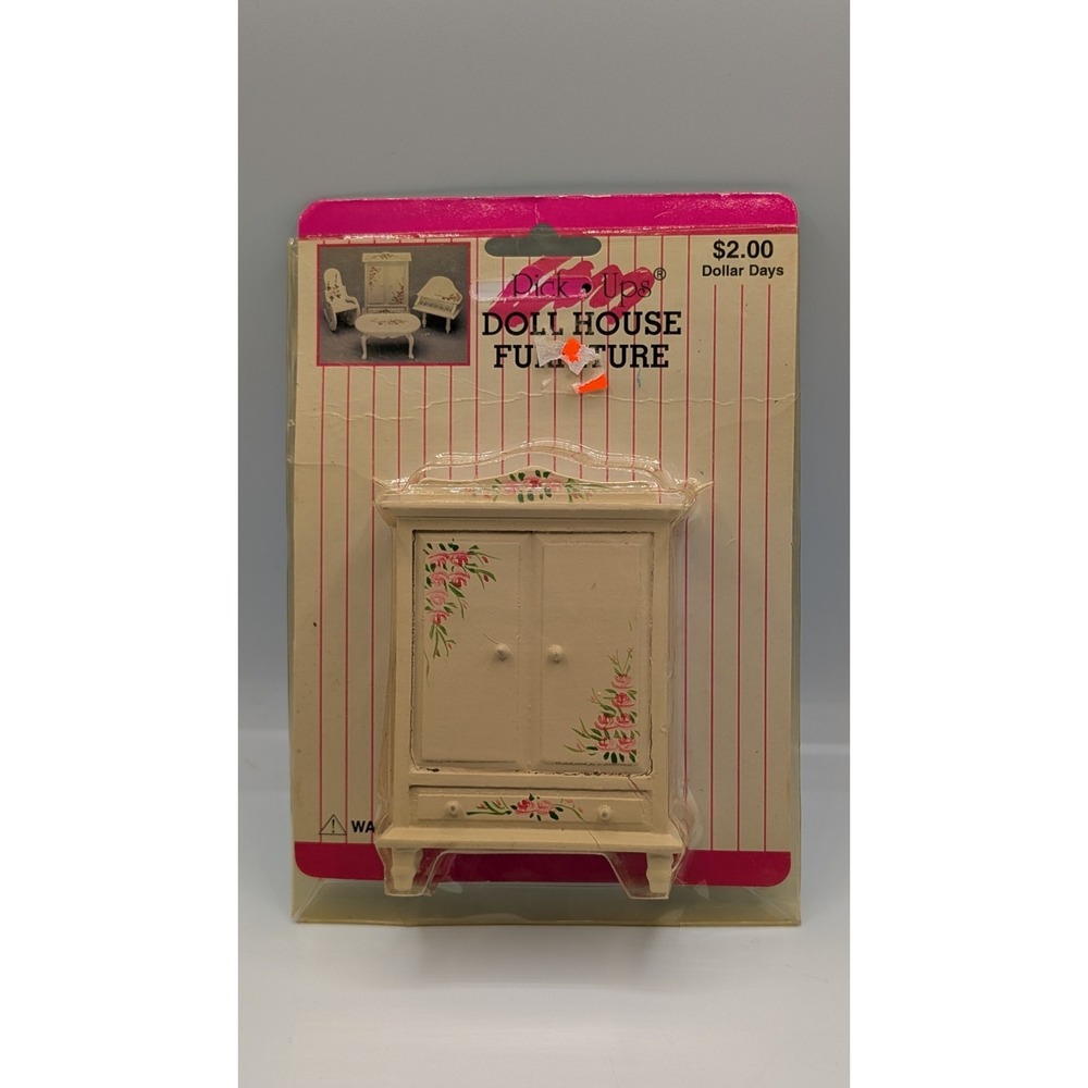 Vintage 80s 4" Dollhouse Wardrobe Furniture White Wood with Pink Roses